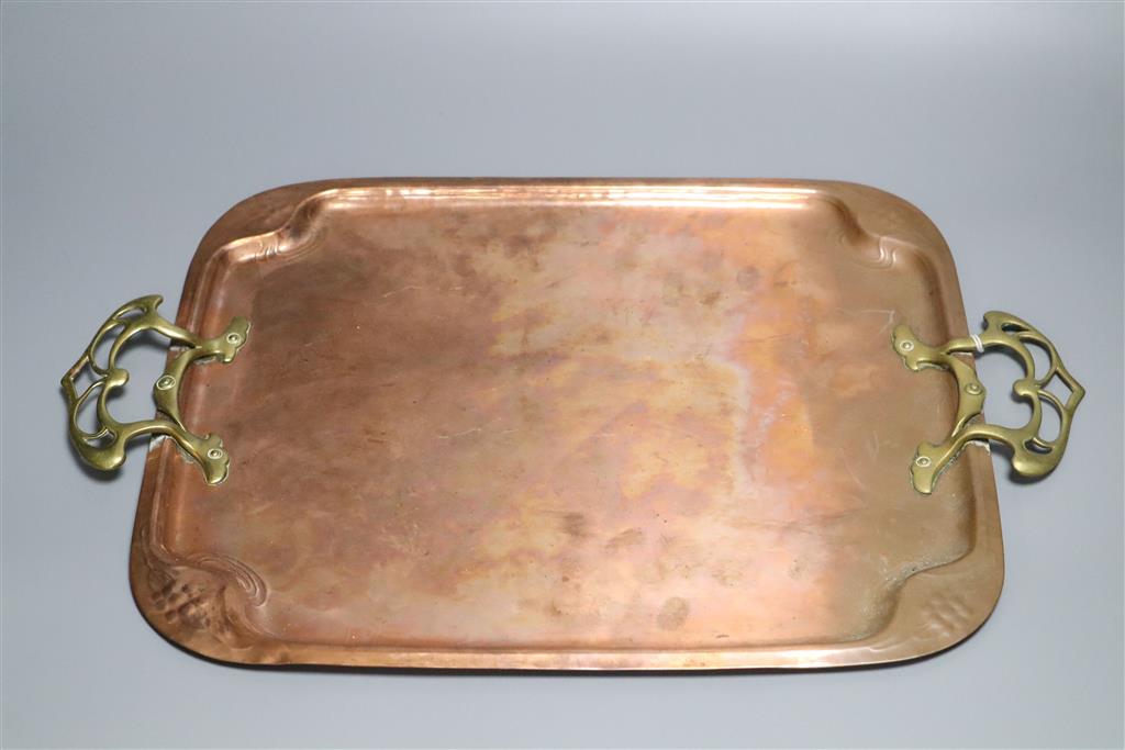 A WMF rectangular copper tray with stylised brass handles, 38 x 33cm